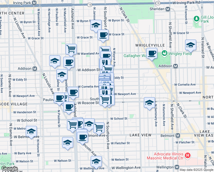 map of restaurants, bars, coffee shops, grocery stores, and more near N Southport Ave & W Cornelia Ave in Chicago