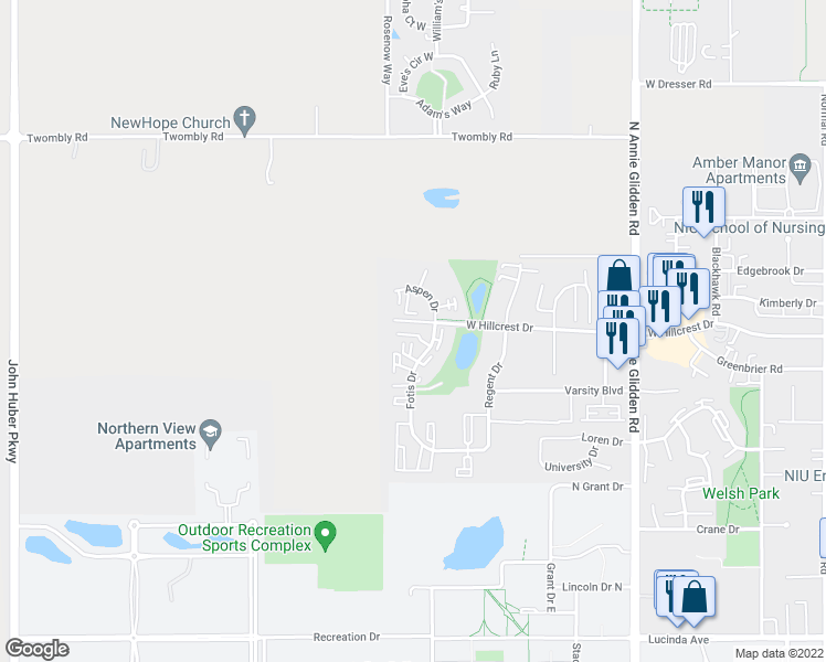 map of restaurants, bars, coffee shops, grocery stores, and more near 951 Fotis Drive in DeKalb