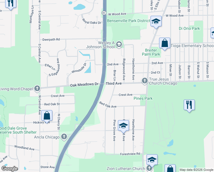 map of restaurants, bars, coffee shops, grocery stores, and more near 4N553 Illinois 83 in Bensenville