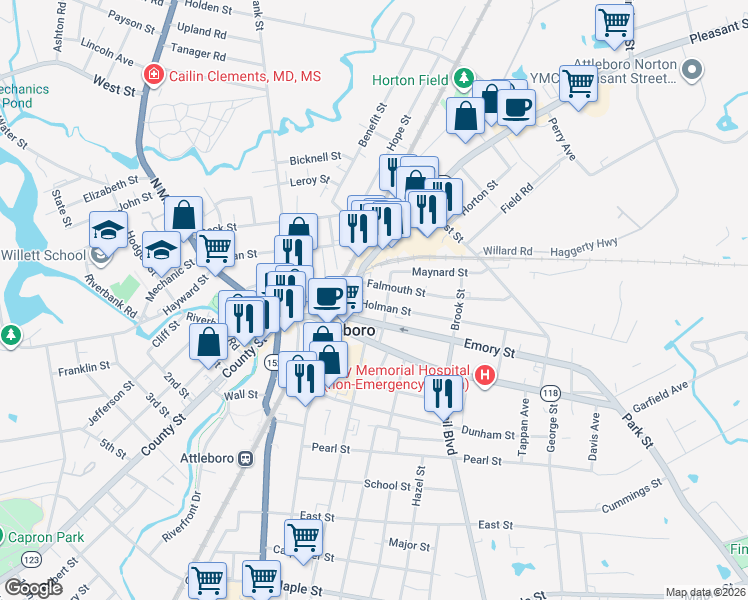 map of restaurants, bars, coffee shops, grocery stores, and more near 10 Holman Street in Attleboro