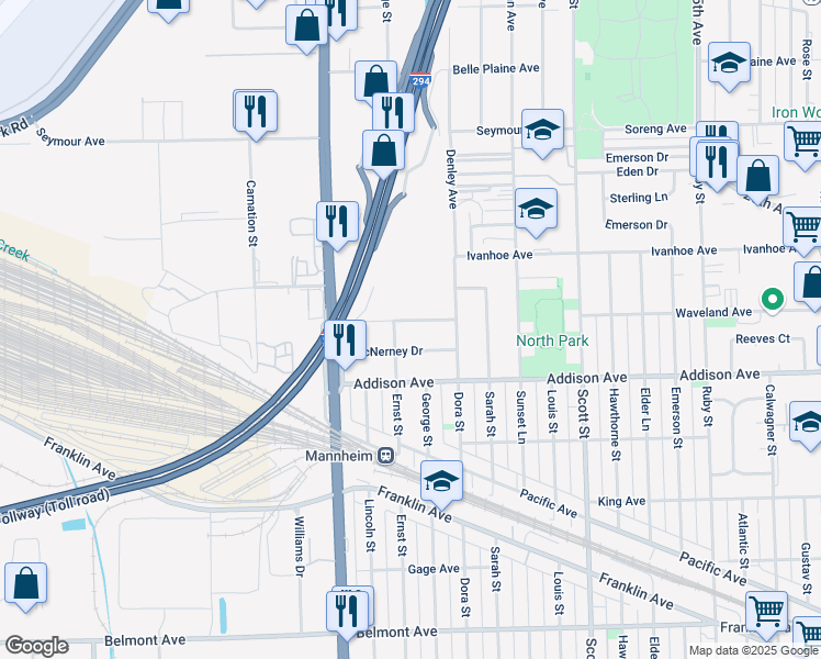 map of restaurants, bars, coffee shops, grocery stores, and more near 10237 Panoramic Drive in Franklin Park