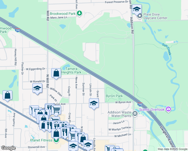 map of restaurants, bars, coffee shops, grocery stores, and more near Dwight D. Eisenhower Expressway in Addison