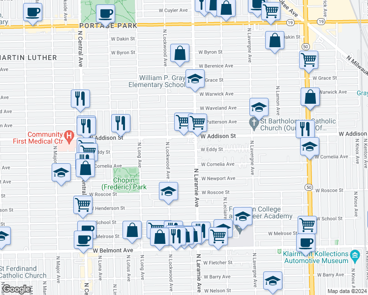 map of restaurants, bars, coffee shops, grocery stores, and more near 5226 West Eddy Street in Chicago
