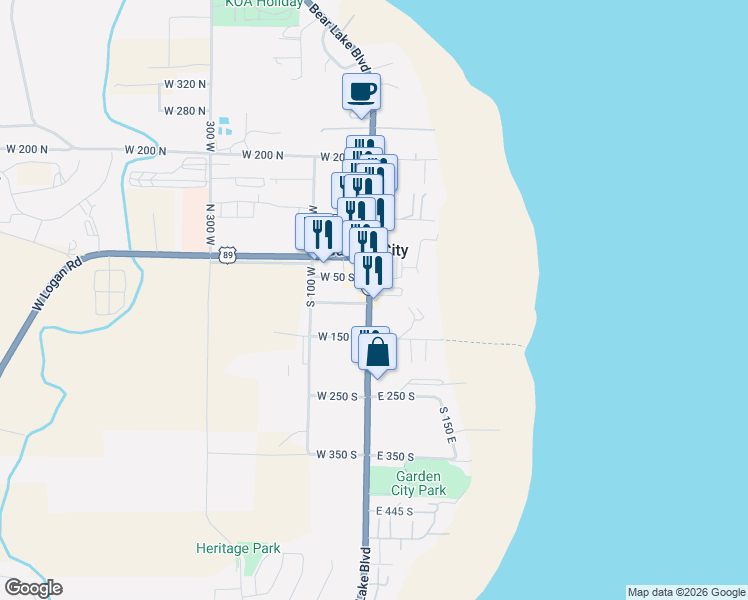 map of restaurants, bars, coffee shops, grocery stores, and more near 88 South Bear Lake Boulevard in Garden City
