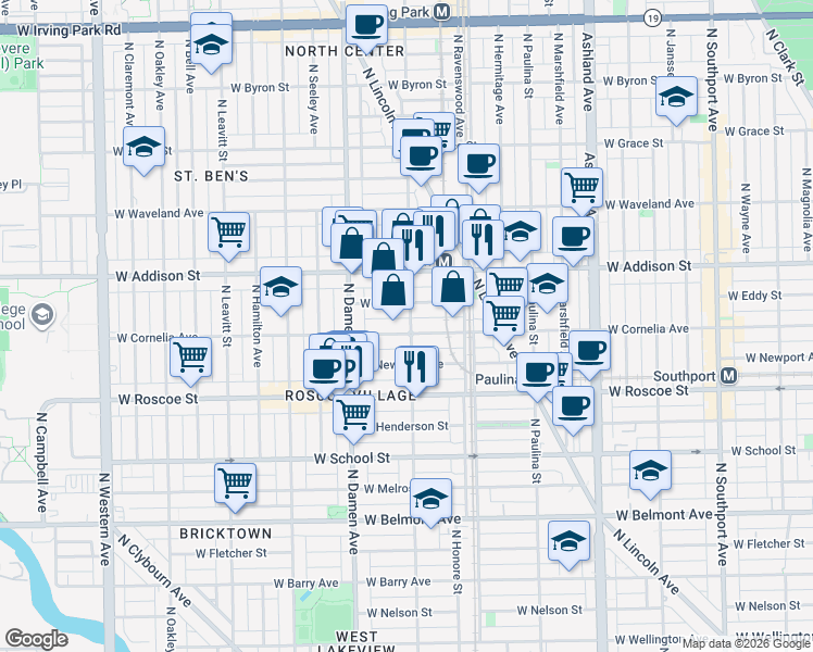 map of restaurants, bars, coffee shops, grocery stores, and more near 3534 North Wolcott Avenue in Chicago
