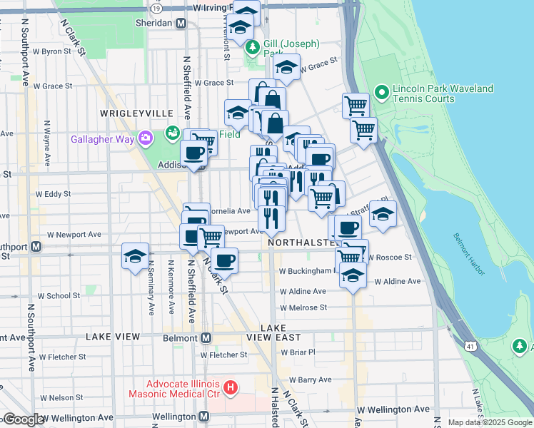 map of restaurants, bars, coffee shops, grocery stores, and more near 3470 North Halsted Street in Chicago