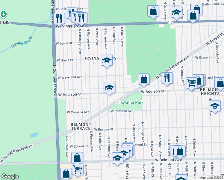 map of restaurants, bars, coffee shops, grocery stores, and more near 3630 North Page Avenue in Chicago