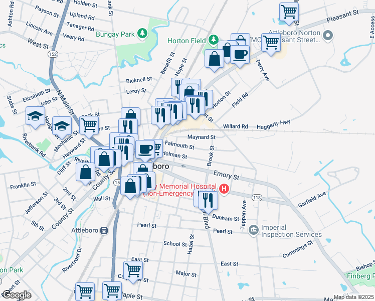 map of restaurants, bars, coffee shops, grocery stores, and more near 9 Maynard Street in Attleboro