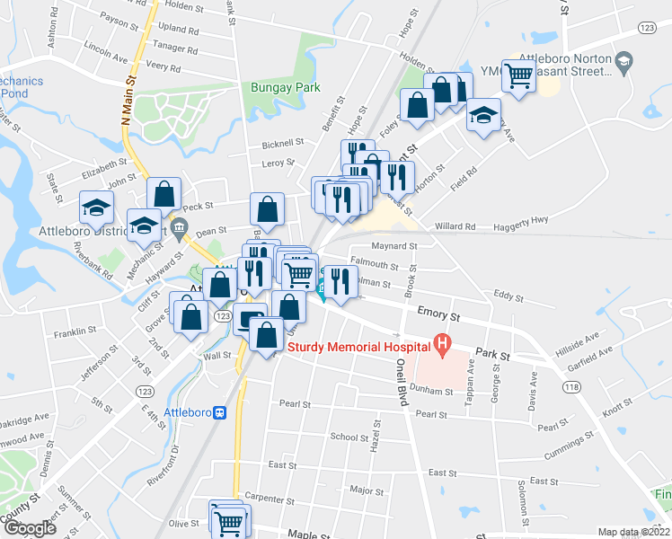 map of restaurants, bars, coffee shops, grocery stores, and more near 10 Falmouth Street in Attleboro