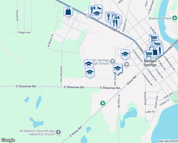 map of restaurants, bars, coffee shops, grocery stores, and more near in Berrien Springs