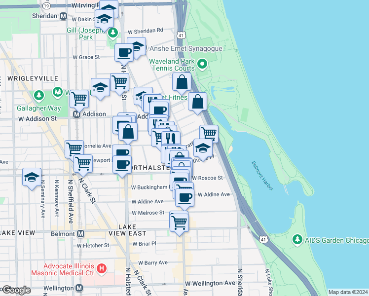 map of restaurants, bars, coffee shops, grocery stores, and more near 625 West Cornelia Avenue in Chicago