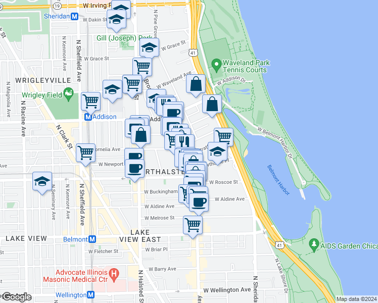 map of restaurants, bars, coffee shops, grocery stores, and more near 625 West Cornelia Avenue in Chicago