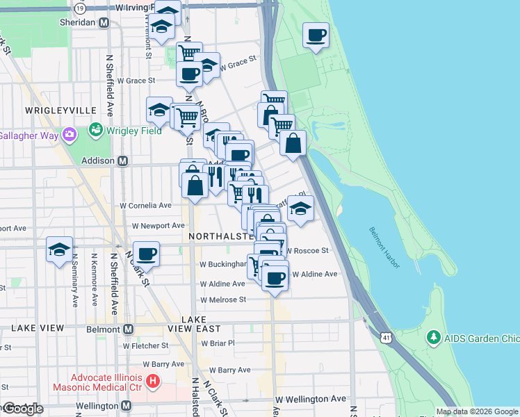 map of restaurants, bars, coffee shops, grocery stores, and more near 625 West Cornelia Avenue in Chicago