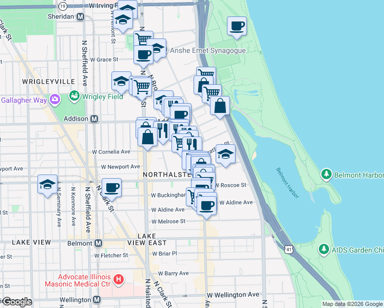 map of restaurants, bars, coffee shops, grocery stores, and more near 625 West Cornelia Avenue in Chicago