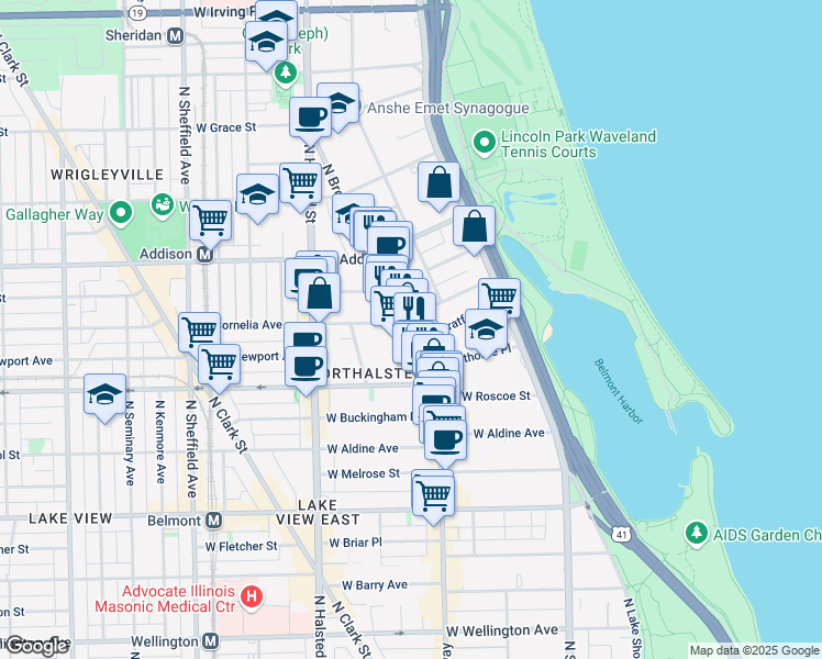 map of restaurants, bars, coffee shops, grocery stores, and more near 625 West Cornelia Avenue in Chicago