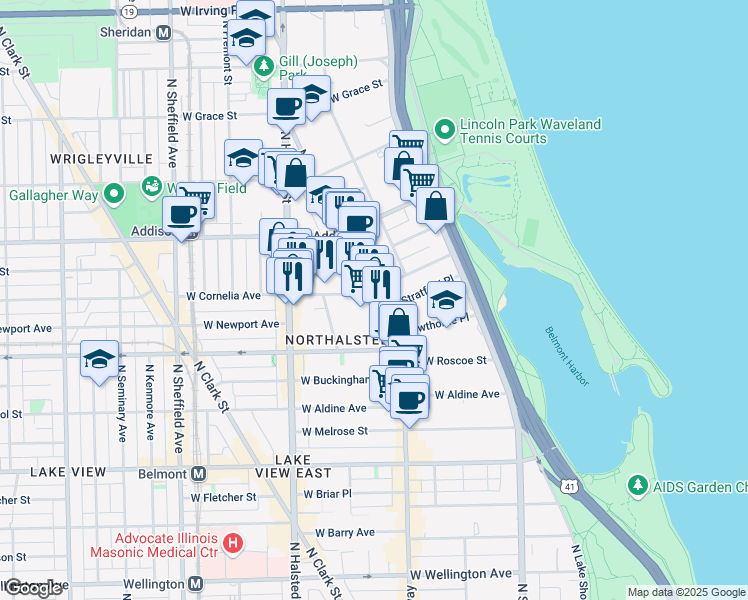 map of restaurants, bars, coffee shops, grocery stores, and more near 660 West Cornelia Avenue in Chicago