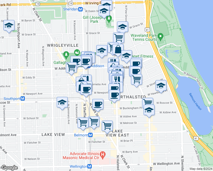 map of restaurants, bars, coffee shops, grocery stores, and more near 3516 North Reta Avenue in Chicago