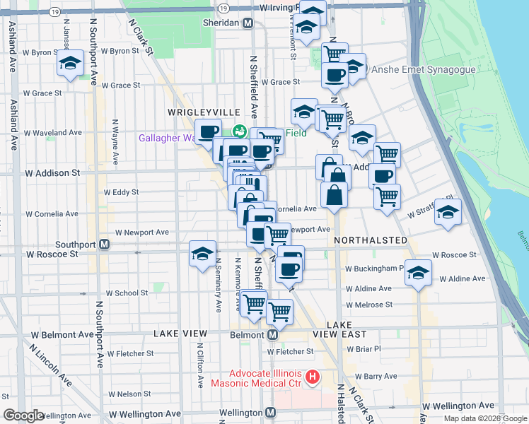 map of restaurants, bars, coffee shops, grocery stores, and more near 3519 North Sheffield Avenue in Chicago