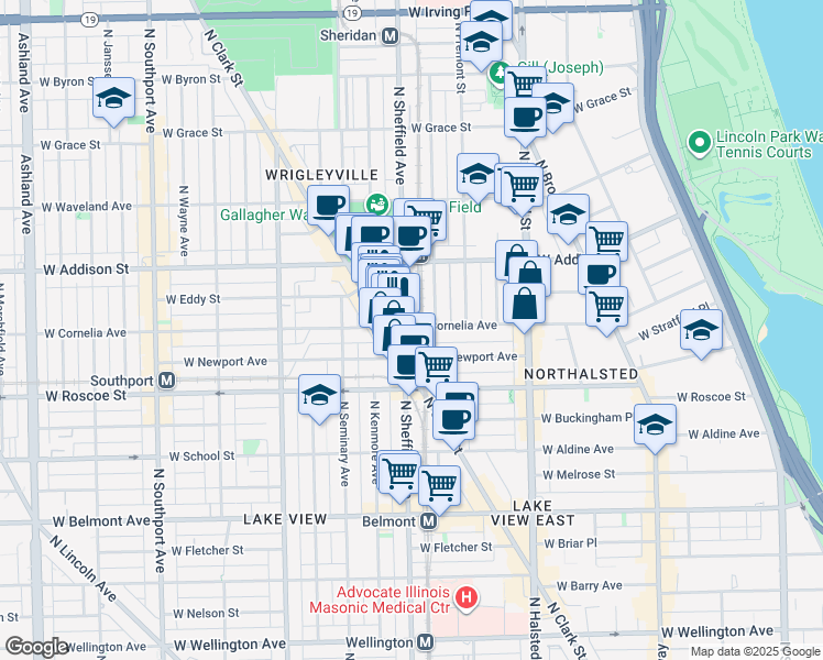 map of restaurants, bars, coffee shops, grocery stores, and more near 3519 North Sheffield Avenue in Chicago