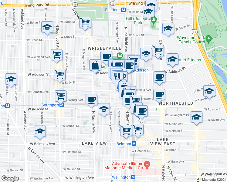 map of restaurants, bars, coffee shops, grocery stores, and more near 1027 West Addison Street in Chicago