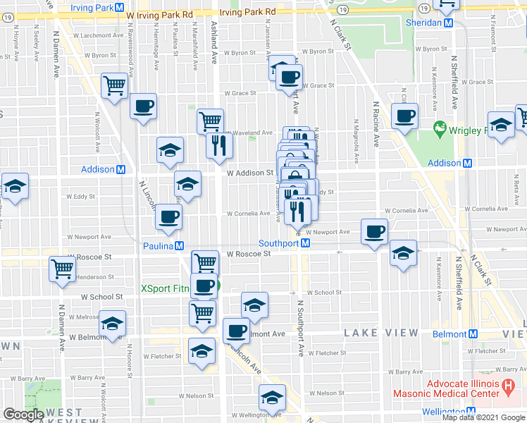 map of restaurants, bars, coffee shops, grocery stores, and more near 3525 North Greenview Avenue in Chicago