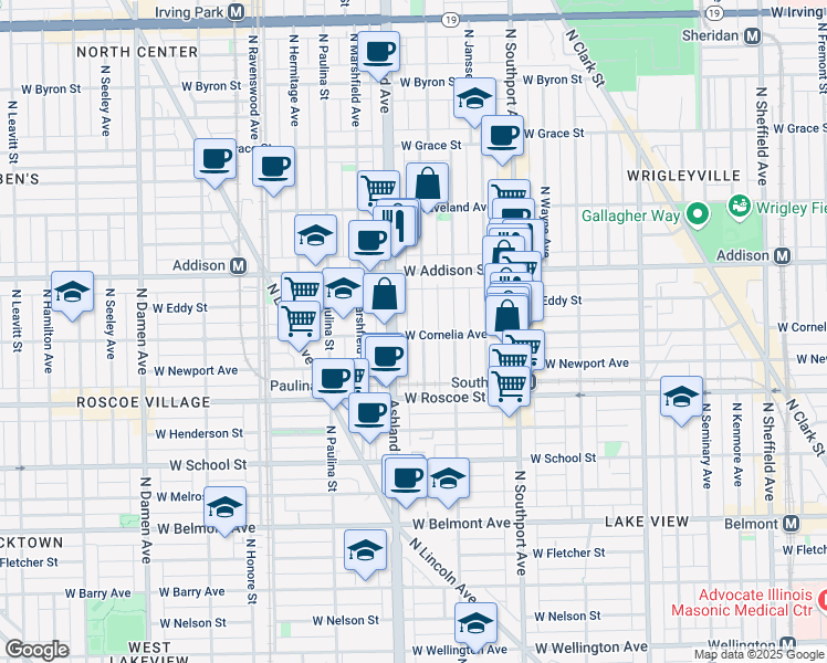 map of restaurants, bars, coffee shops, grocery stores, and more near 3527 North Bosworth Avenue in Chicago