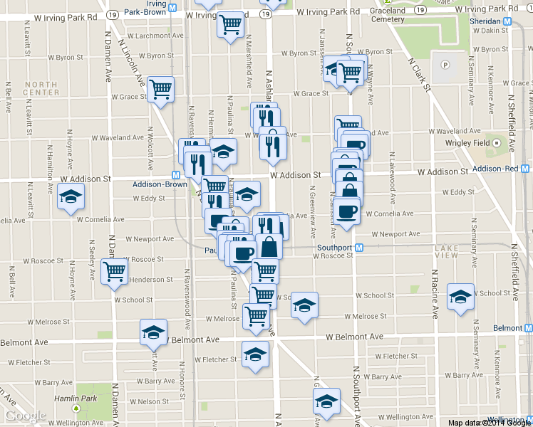 map of restaurants, bars, coffee shops, grocery stores, and more near 3528 North Ashland Avenue in Chicago