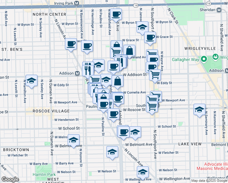 map of restaurants, bars, coffee shops, grocery stores, and more near 3528 North Ashland Avenue in Chicago