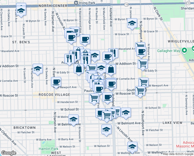 map of restaurants, bars, coffee shops, grocery stores, and more near 3531 North Hermitage Avenue in Chicago
