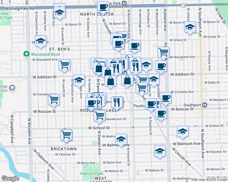 map of restaurants, bars, coffee shops, grocery stores, and more near 3534 North Wolcott Avenue in Chicago