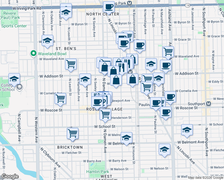 map of restaurants, bars, coffee shops, grocery stores, and more near 1942 West Eddy Street in Chicago