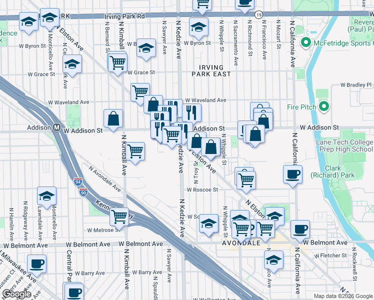 map of restaurants, bars, coffee shops, grocery stores, and more near in Chicago