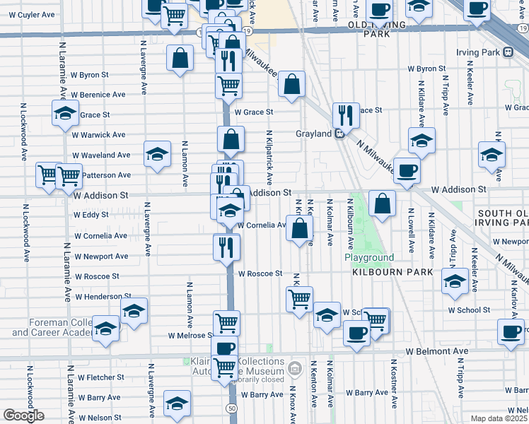 map of restaurants, bars, coffee shops, grocery stores, and more near 4727 West Addison Street in Chicago