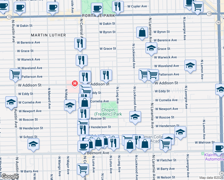 map of restaurants, bars, coffee shops, grocery stores, and more near 5400 West Addison Street in Chicago