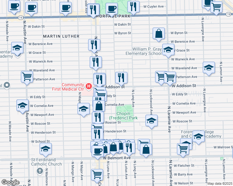 map of restaurants, bars, coffee shops, grocery stores, and more near 5444 West Addison Street in Chicago