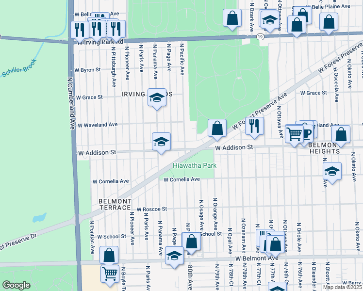 map of restaurants, bars, coffee shops, grocery stores, and more near 3631 North Pacific Avenue in Chicago