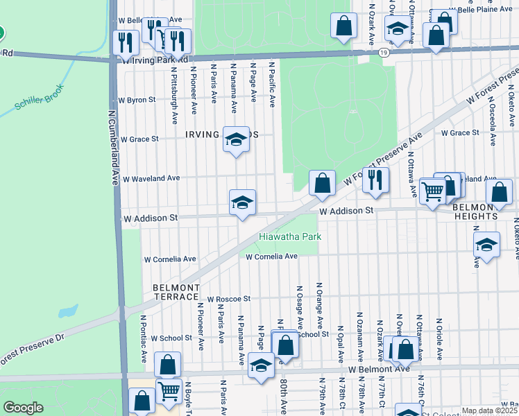 map of restaurants, bars, coffee shops, grocery stores, and more near 3630 North Page Avenue in Chicago
