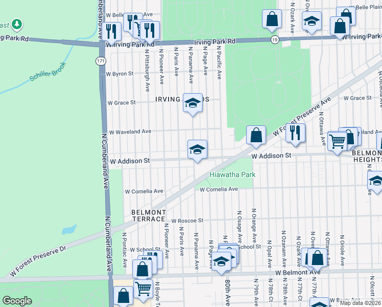 map of restaurants, bars, coffee shops, grocery stores, and more near 3630 North Panama Avenue in Chicago