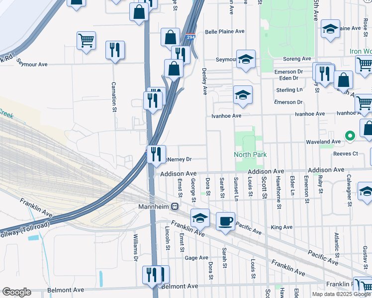 map of restaurants, bars, coffee shops, grocery stores, and more near 10237 Panoramic Drive in Franklin Park