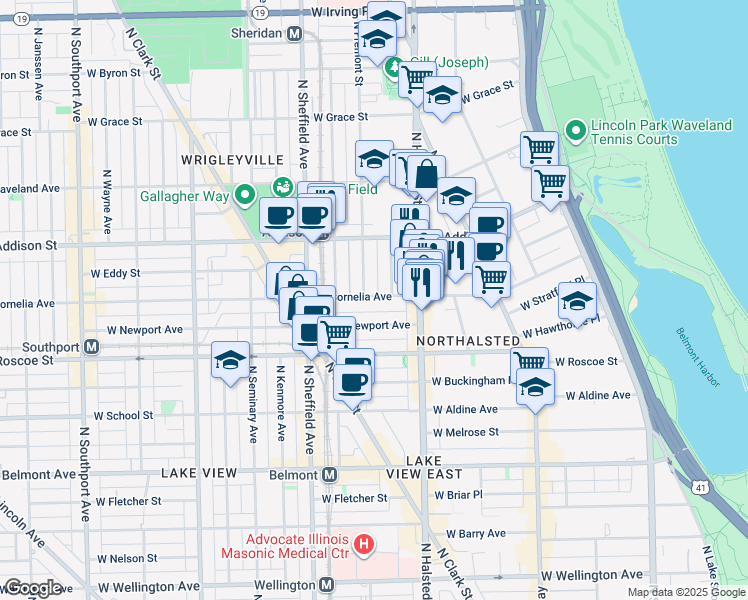 map of restaurants, bars, coffee shops, grocery stores, and more near 3516 North Reta Avenue in Chicago
