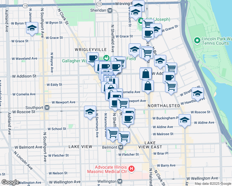 map of restaurants, bars, coffee shops, grocery stores, and more near 953 West Cornelia Avenue in Chicago