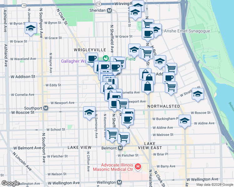 map of restaurants, bars, coffee shops, grocery stores, and more near 3519 North Sheffield Avenue in Chicago