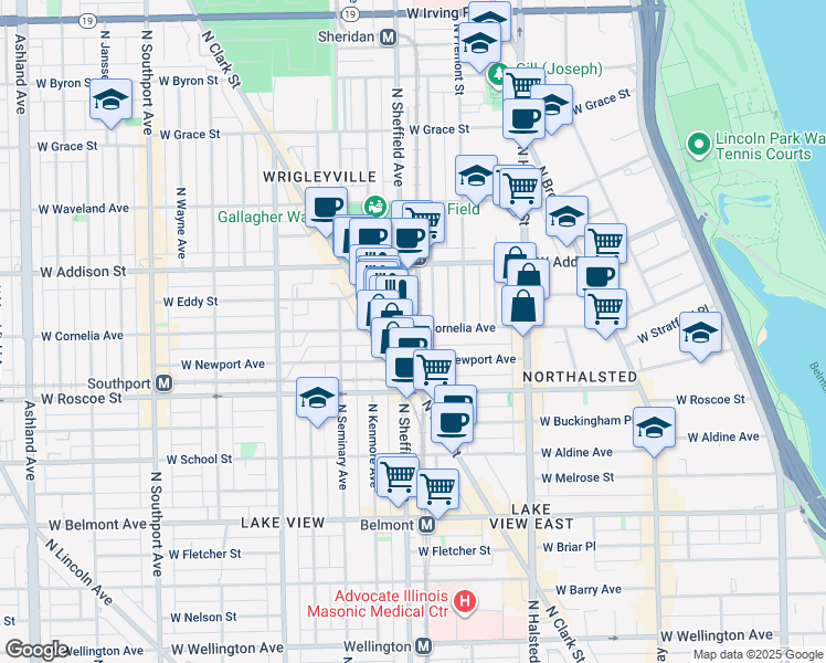 map of restaurants, bars, coffee shops, grocery stores, and more near 3519 North Sheffield Avenue in Chicago