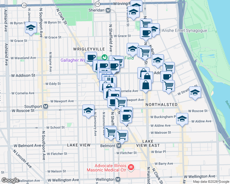 map of restaurants, bars, coffee shops, grocery stores, and more near 3519 North Sheffield Avenue in Chicago