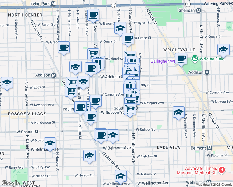 map of restaurants, bars, coffee shops, grocery stores, and more near 3525 North Greenview Avenue in Chicago