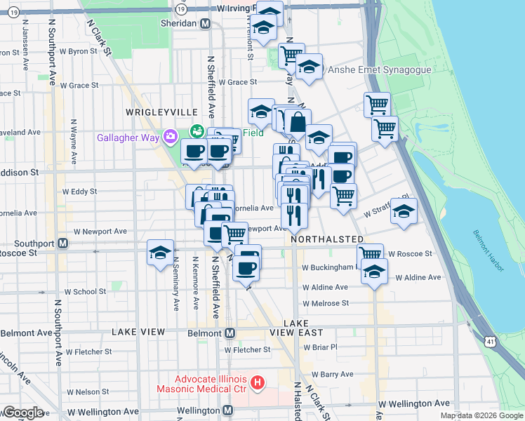 map of restaurants, bars, coffee shops, grocery stores, and more near 855 West Cornelia Avenue in Chicago