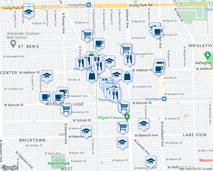 map of restaurants, bars, coffee shops, grocery stores, and more near 3501 North Lincoln Avenue in Chicago