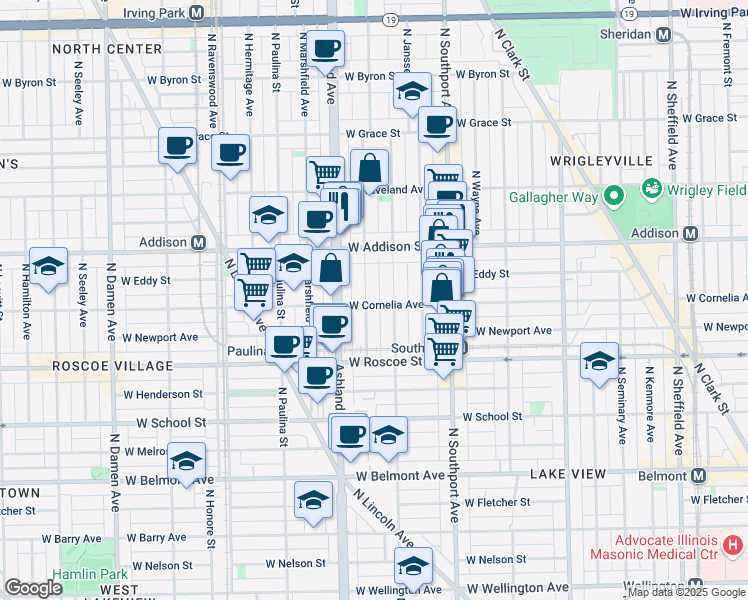 map of restaurants, bars, coffee shops, grocery stores, and more near 1520 West Cornelia Avenue in Chicago