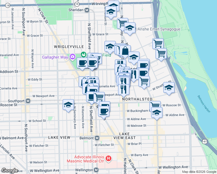 map of restaurants, bars, coffee shops, grocery stores, and more near 851 West Cornelia Avenue in Chicago