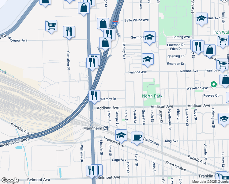 map of restaurants, bars, coffee shops, grocery stores, and more near 10237 Panoramic Drive in Franklin Park